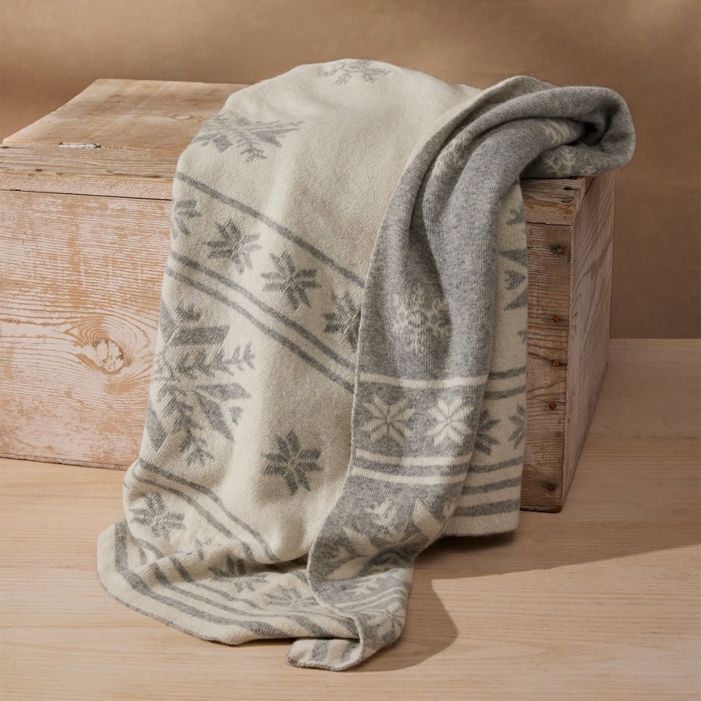 Sundance Snowflake Falls Throw Blanket. fair isle gray lambswool